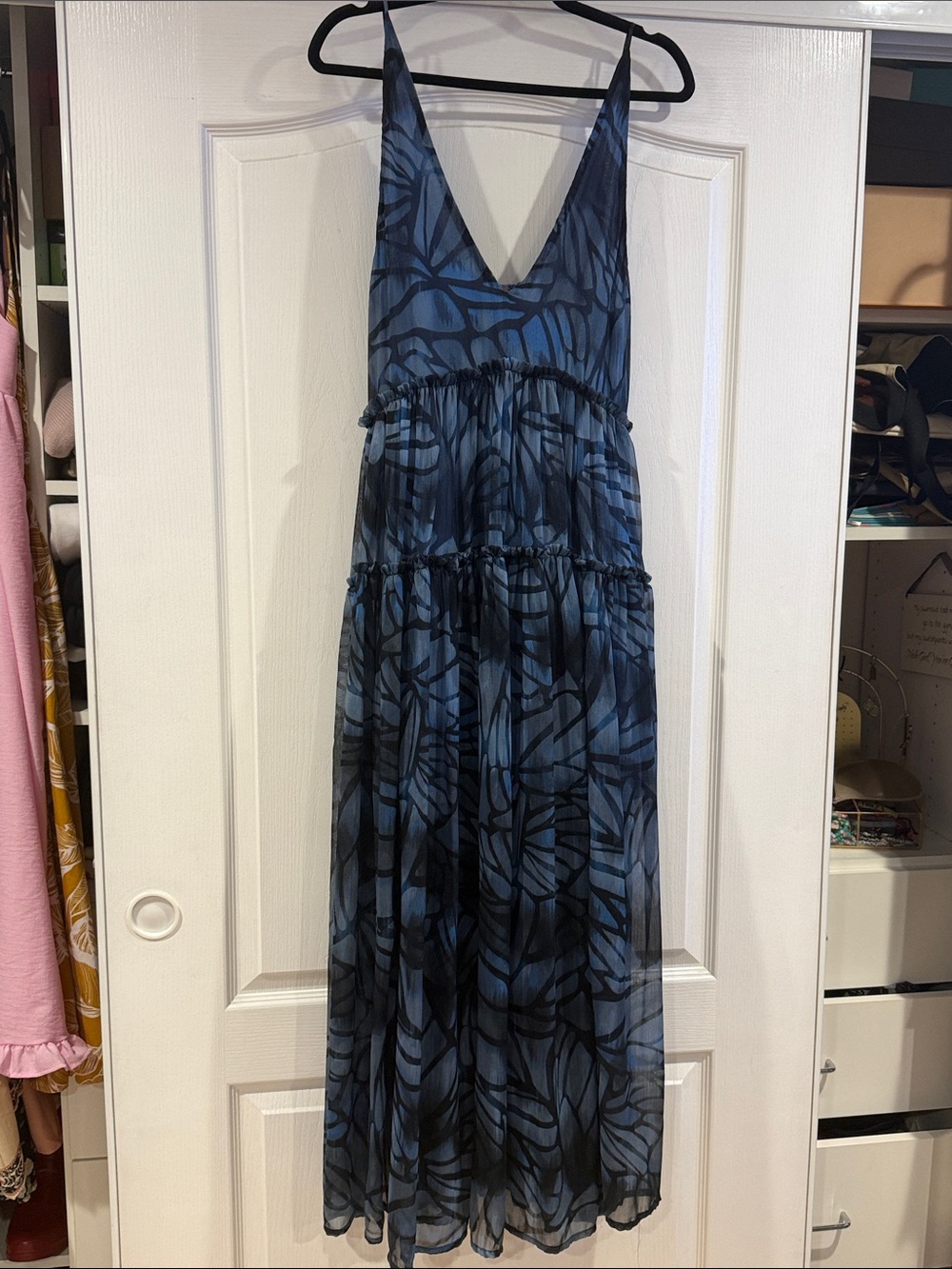 Free People Blue Black V-Neck Tiered Maxi Dress
